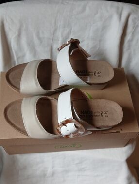 Naot Two-Strap White and Beige Slide Sandals with Tortoiseshell Buckle - Kingdom